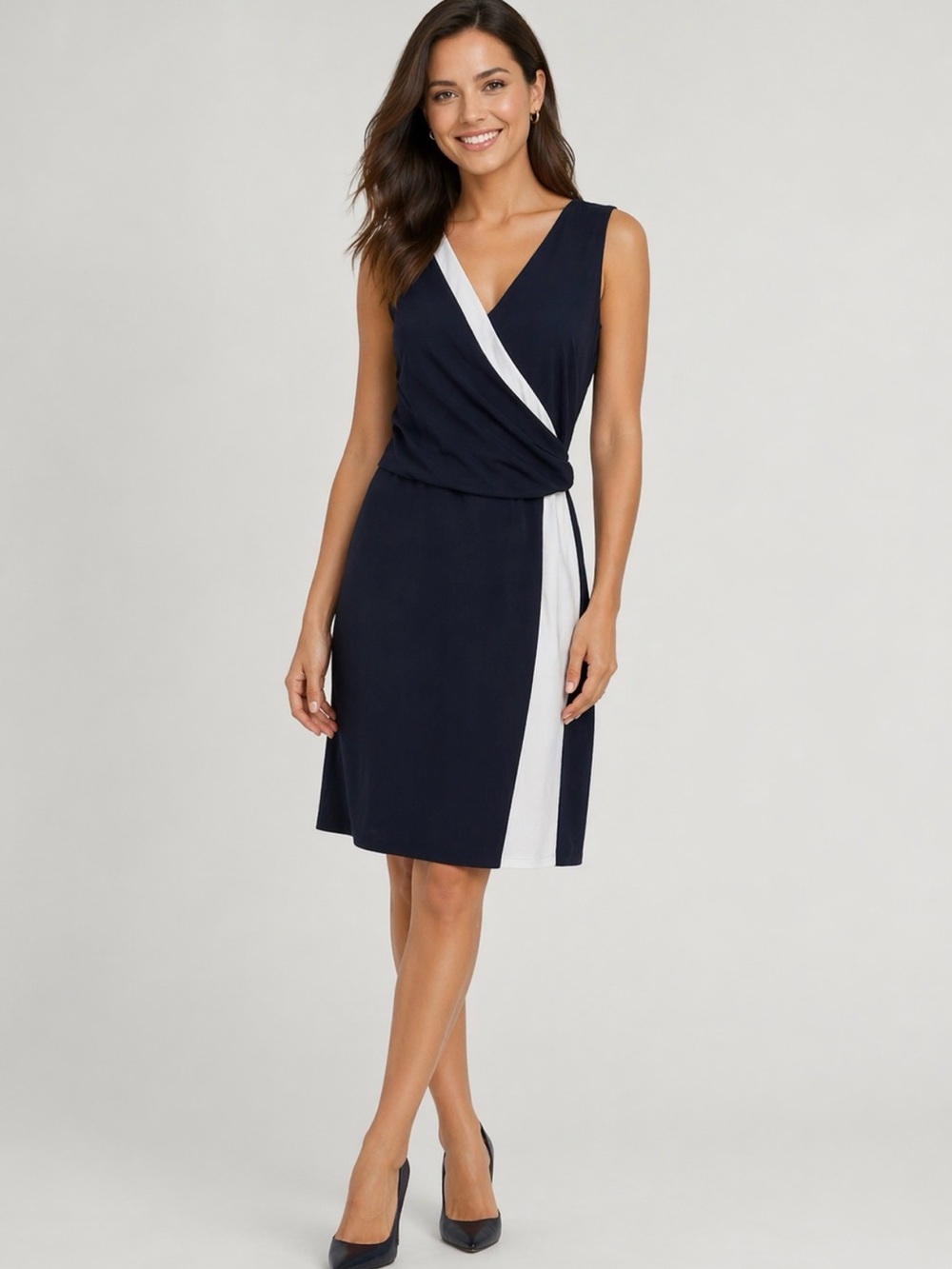 LAUREN RALPH LAUREN Navy & White Colorblock Dress Sleeveless Surplice Neck Sz 10